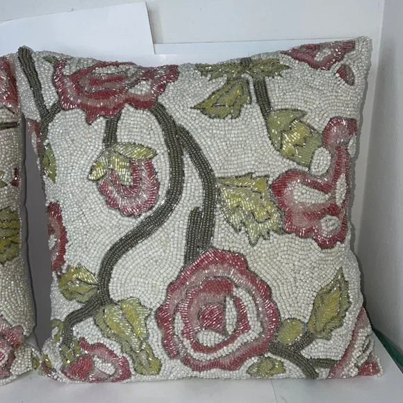 PRIMROSE VINTAGE Set of 2 Floral Pink Rose Beaded 12” Throw Decorative Pillows - Picture 4 of 15